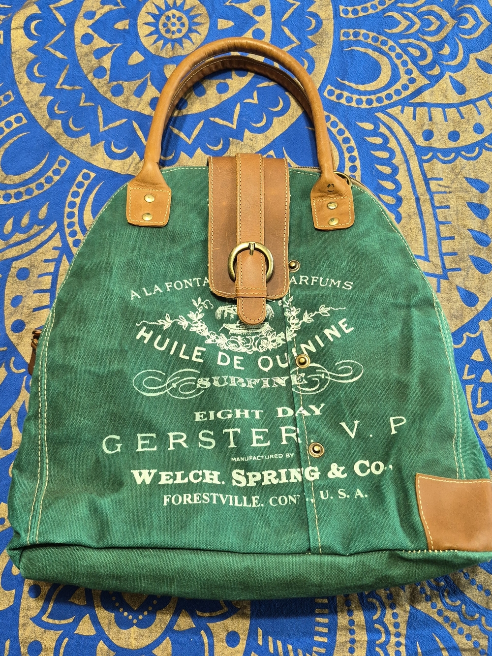 Myra Bag Green Canvas Messenger with Brown Leather Trim and Brass Buckle